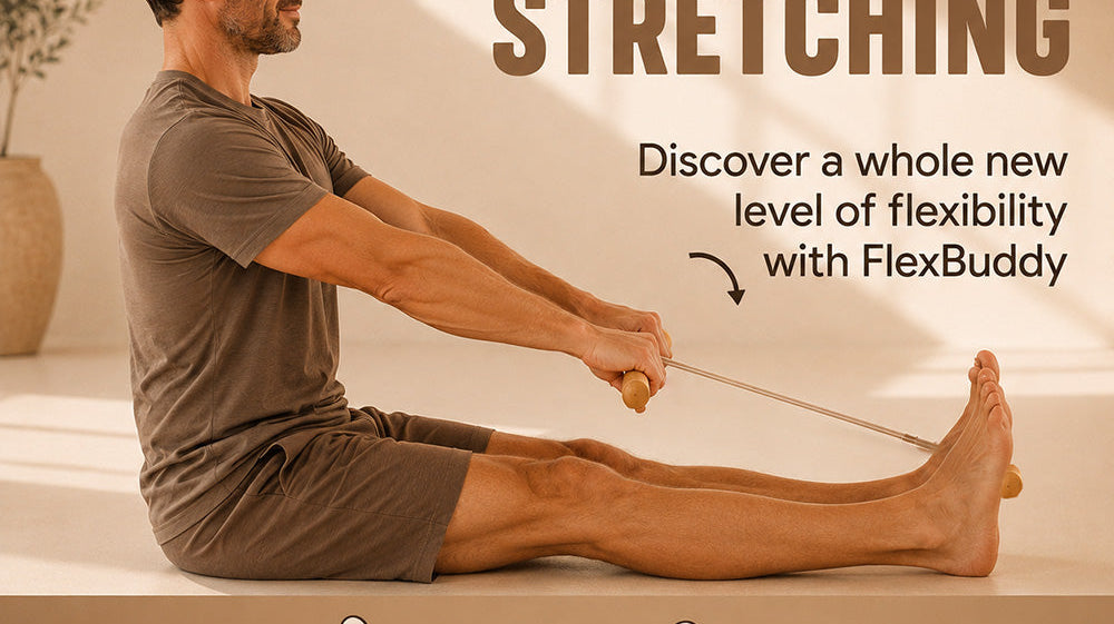 Beginner using the FlexBuddy stretching tool in a seated stretch at home